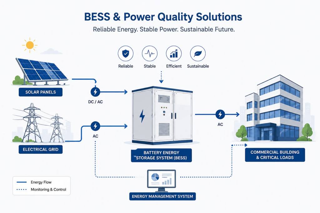 Engineer inspecting BESS power quality installation